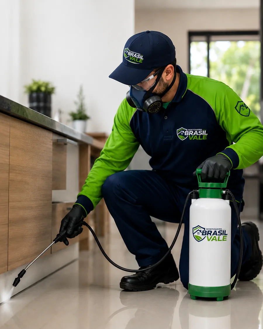 Técnico da Dedetizadora Brasil Vale uniformizado, com máscara e luvas de proteção, aplicando tratamento contra pragas em uma cozinha residencial